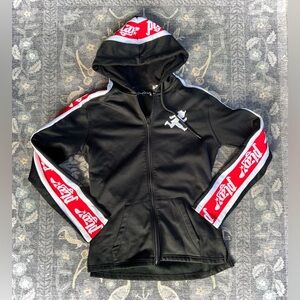 Play Cloths Logo Red White and Black Zip Hoodie arm hood embellishment